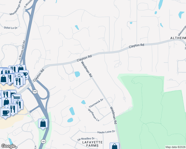 map of restaurants, bars, coffee shops, grocery stores, and more near 1136 Weidman Road in Chesterfield