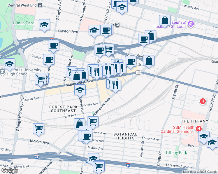 map of restaurants, bars, coffee shops, grocery stores, and more near 1138 Kentucky Avenue in St. Louis