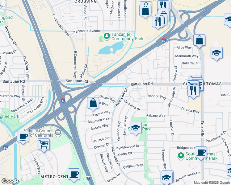 map of restaurants, bars, coffee shops, grocery stores, and more near 3255 Azevedo Drive in Sacramento