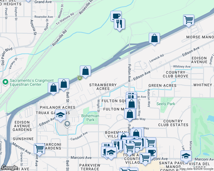 map of restaurants, bars, coffee shops, grocery stores, and more near 2441 Edison Avenue in Sacramento