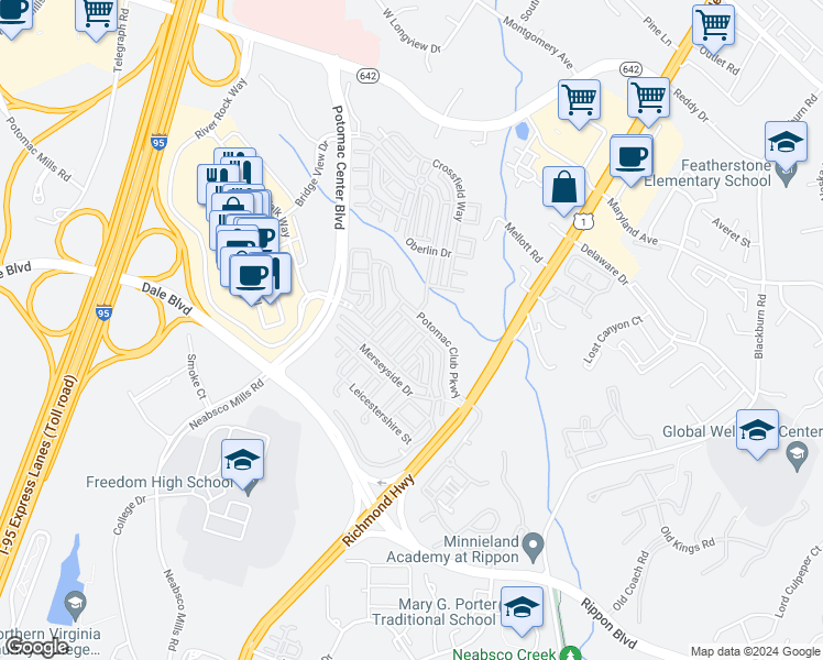 map of restaurants, bars, coffee shops, grocery stores, and more near 2204 Margraf Circle in Woodbridge