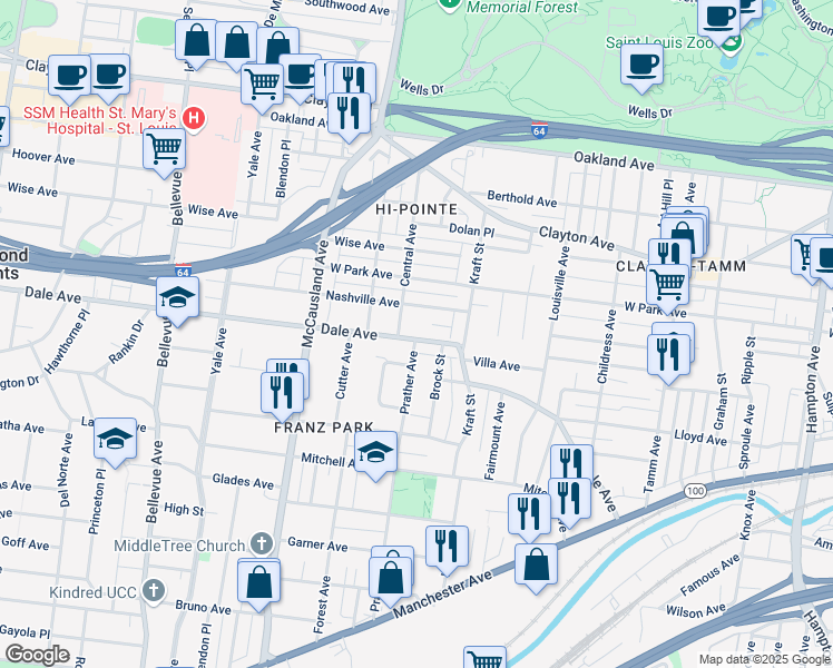 map of restaurants, bars, coffee shops, grocery stores, and more near 6753 Dale Avenue in St. Louis