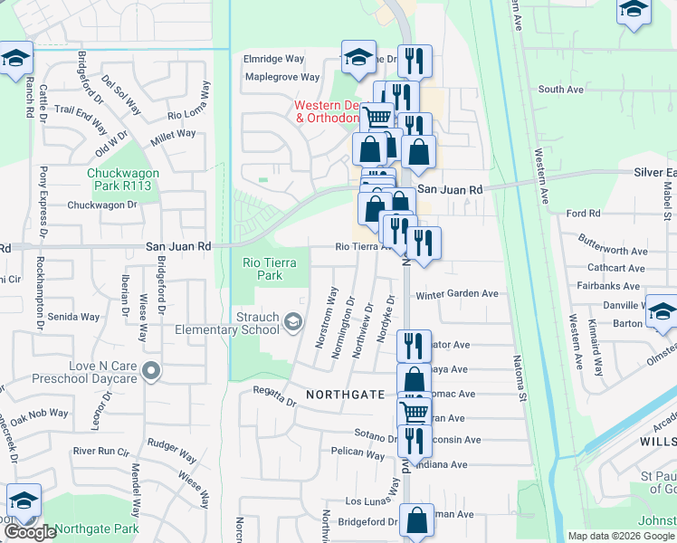 map of restaurants, bars, coffee shops, grocery stores, and more near 3240 Norstrom Way in Sacramento