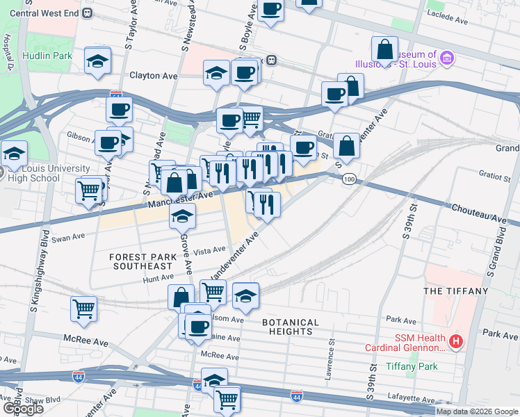 map of restaurants, bars, coffee shops, grocery stores, and more near 1138 Kentucky Avenue in St. Louis