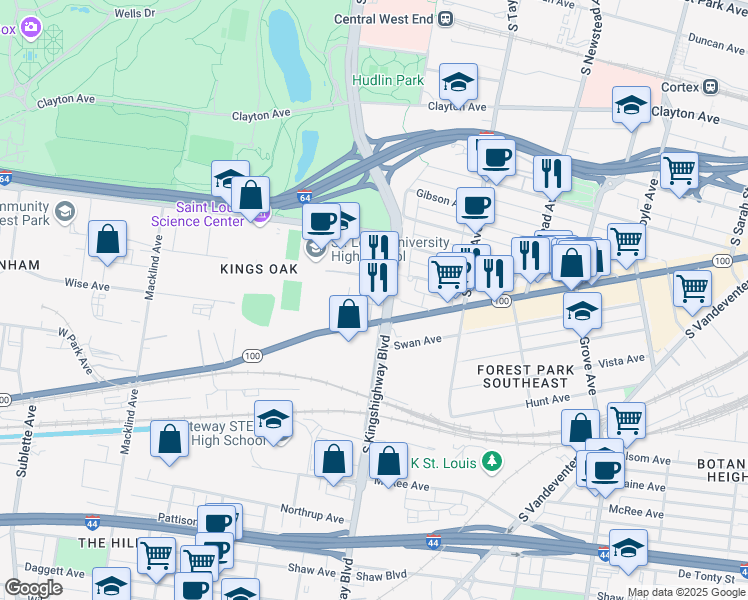 map of restaurants, bars, coffee shops, grocery stores, and more near 1175 South Kingshighway Boulevard in St. Louis