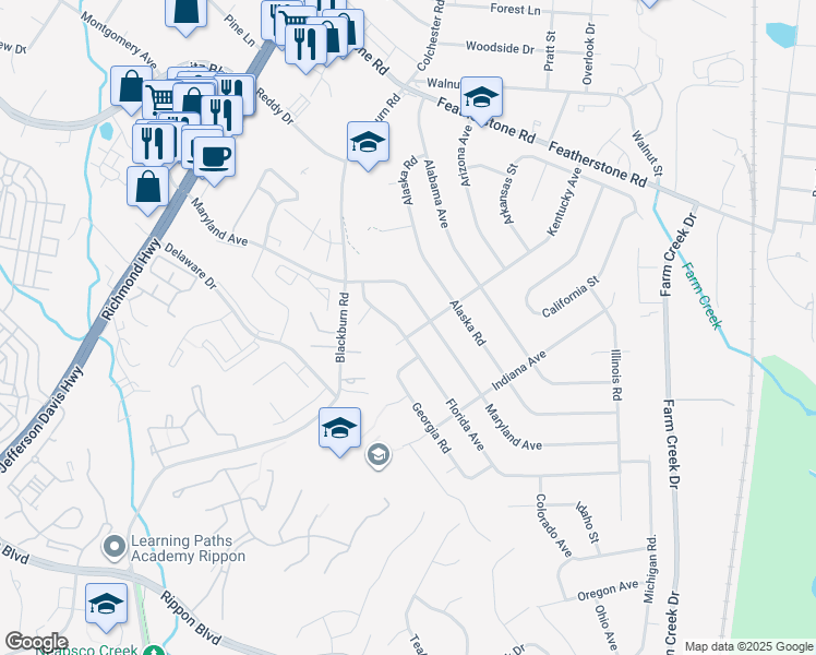 map of restaurants, bars, coffee shops, grocery stores, and more near 1610 Kentucky Avenue in Woodbridge