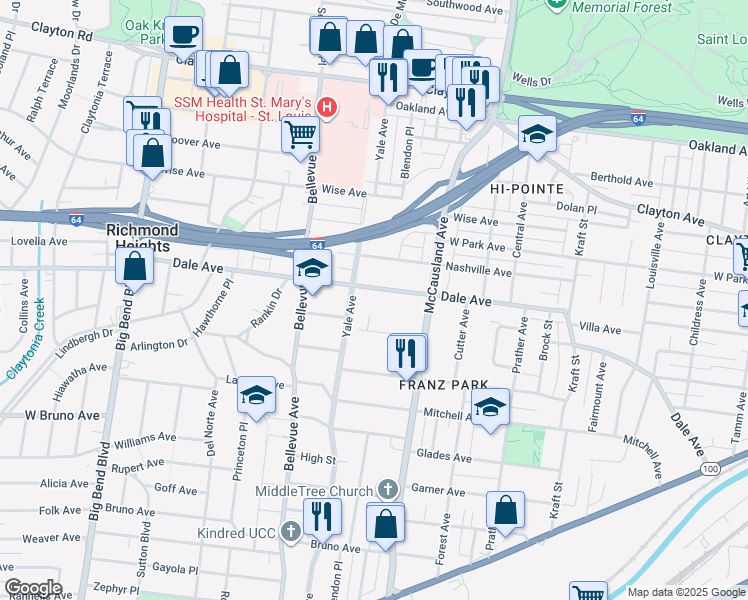 map of restaurants, bars, coffee shops, grocery stores, and more near 7108 Dale Avenue in Saint Louis