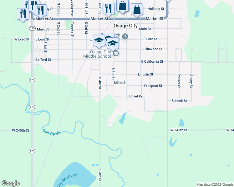 map of restaurants, bars, coffee shops, grocery stores, and more near 715 South 5th Street in Osage City