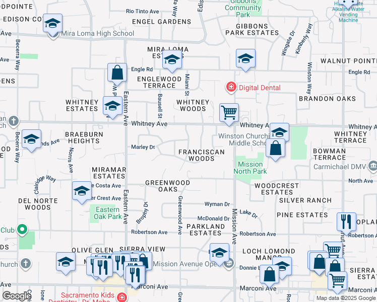 map of restaurants, bars, coffee shops, grocery stores, and more near 3408 Concetta Way in Sacramento