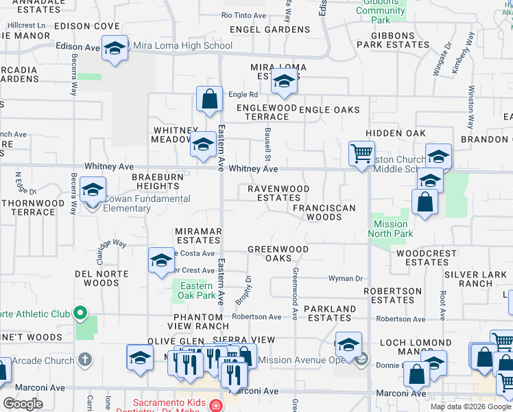 map of restaurants, bars, coffee shops, grocery stores, and more near 4365 Briarwood Drive in Sacramento