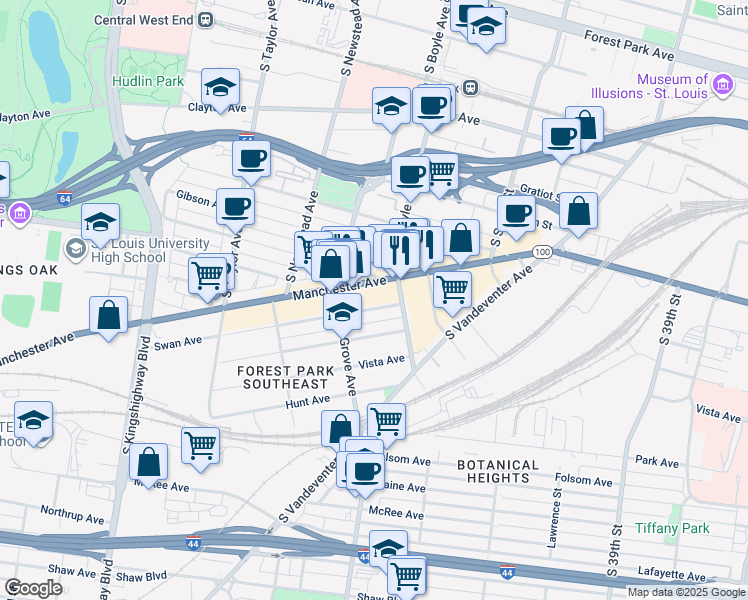 map of restaurants, bars, coffee shops, grocery stores, and more near 4225 Swan Avenue in St. Louis