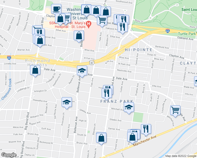 map of restaurants, bars, coffee shops, grocery stores, and more near 7046 Dale Avenue in St. Louis
