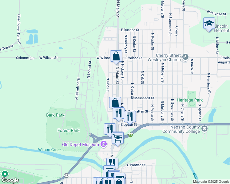 map of restaurants, bars, coffee shops, grocery stores, and more near 714 N Main St in Ottawa