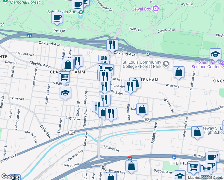 map of restaurants, bars, coffee shops, grocery stores, and more near 5937 West Park Avenue in St. Louis