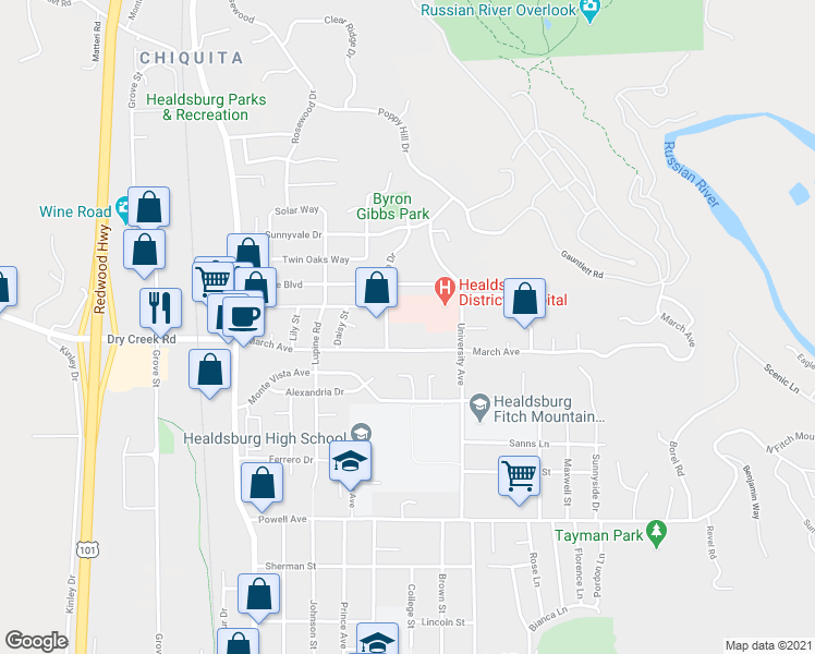map of restaurants, bars, coffee shops, grocery stores, and more near 1310 Prentice Drive in Healdsburg