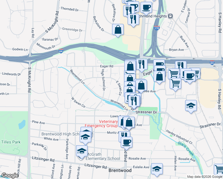 map of restaurants, bars, coffee shops, grocery stores, and more near 1603 Thrush Terrace in Brentwood