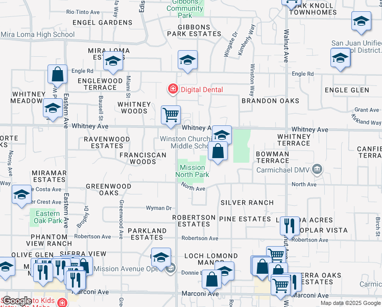 map of restaurants, bars, coffee shops, grocery stores, and more near 3410 Mission Avenue in Carmichael