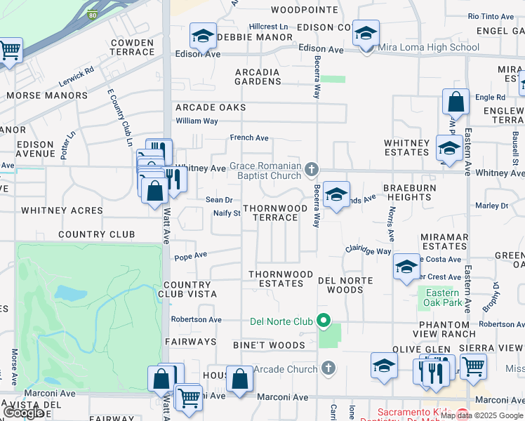 map of restaurants, bars, coffee shops, grocery stores, and more near 3805 Regent Road in Sacramento