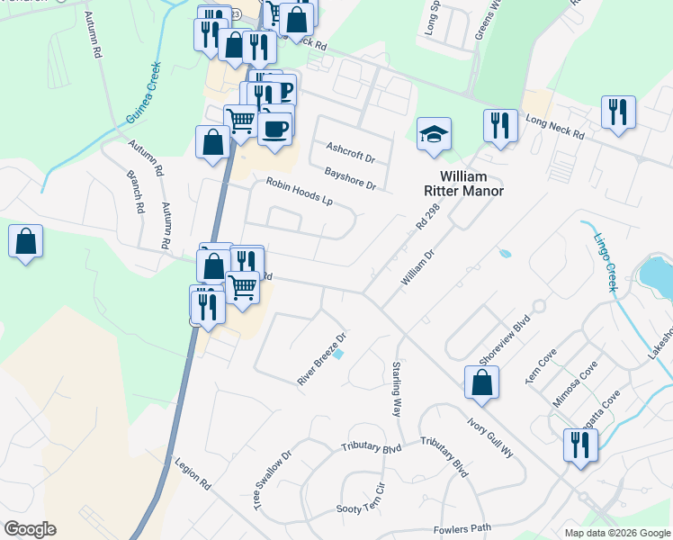 map of restaurants, bars, coffee shops, grocery stores, and more near 32086 Steel Drive in Millsboro