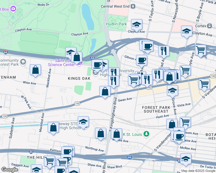 map of restaurants, bars, coffee shops, grocery stores, and more near 4931 Wise Avenue in St. Louis