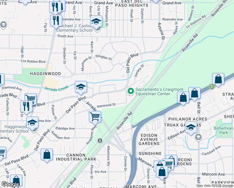 map of restaurants, bars, coffee shops, grocery stores, and more near 3320 Del Paso Boulevard in Sacramento