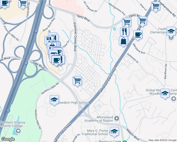 map of restaurants, bars, coffee shops, grocery stores, and more near 2312 Margraf Circle in Woodbridge