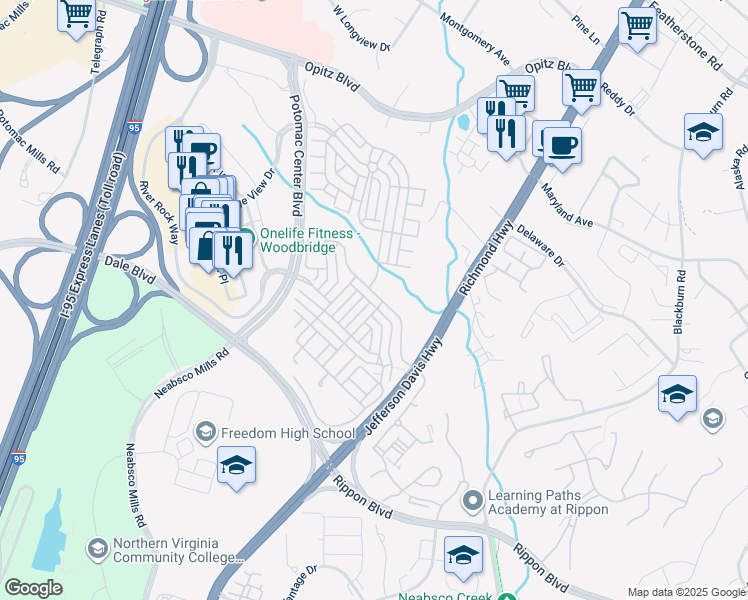 map of restaurants, bars, coffee shops, grocery stores, and more near 2245 Potomac Club Parkway in Woodbridge