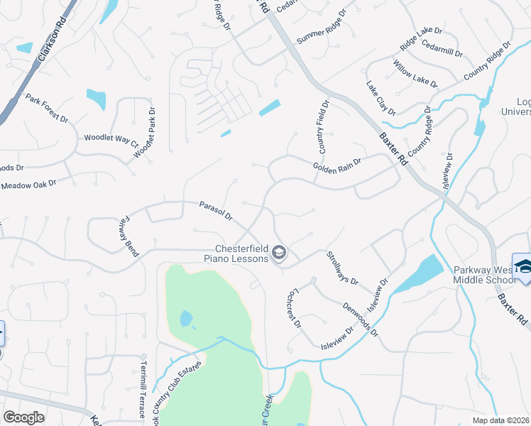 map of restaurants, bars, coffee shops, grocery stores, and more near 15380 Thistlebriar Court in Chesterfield