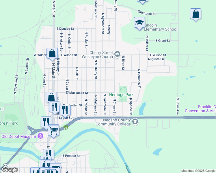 map of restaurants, bars, coffee shops, grocery stores, and more near 712 North Cherry Street in Ottawa
