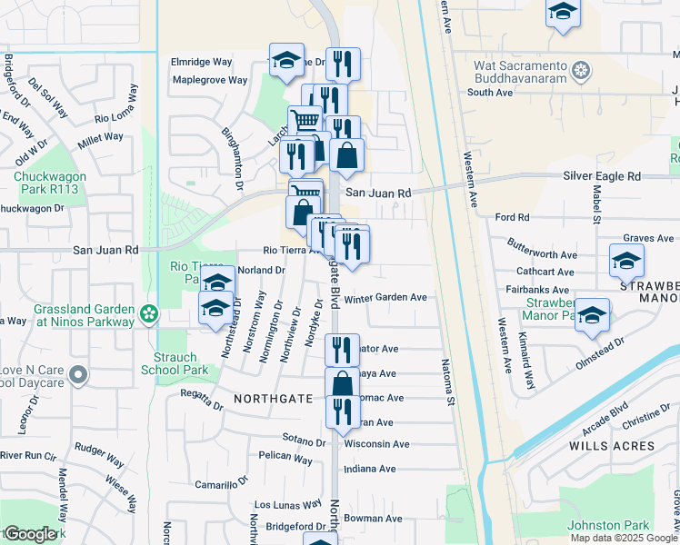 map of restaurants, bars, coffee shops, grocery stores, and more near 3284 Northgate Boulevard in Sacramento