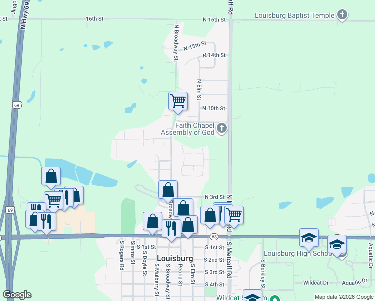 map of restaurants, bars, coffee shops, grocery stores, and more near 612 McKenna in Louisburg