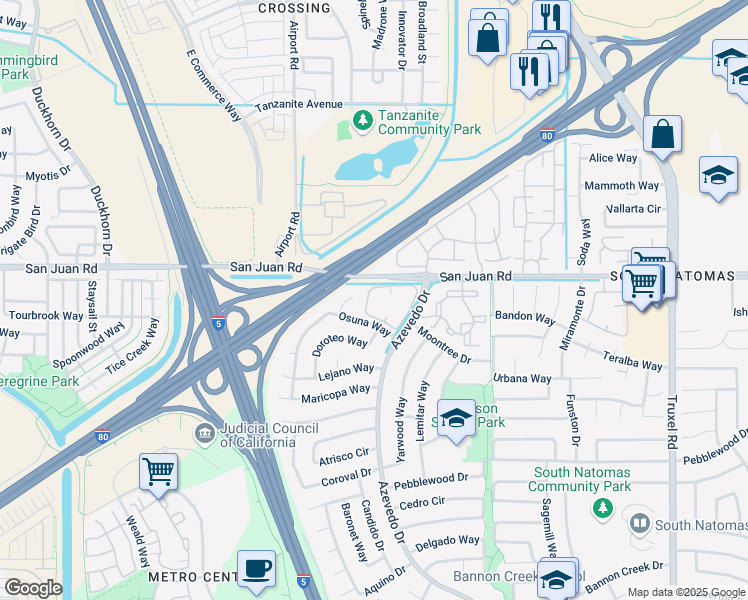 map of restaurants, bars, coffee shops, grocery stores, and more near 3255 Azevedo Drive in Sacramento