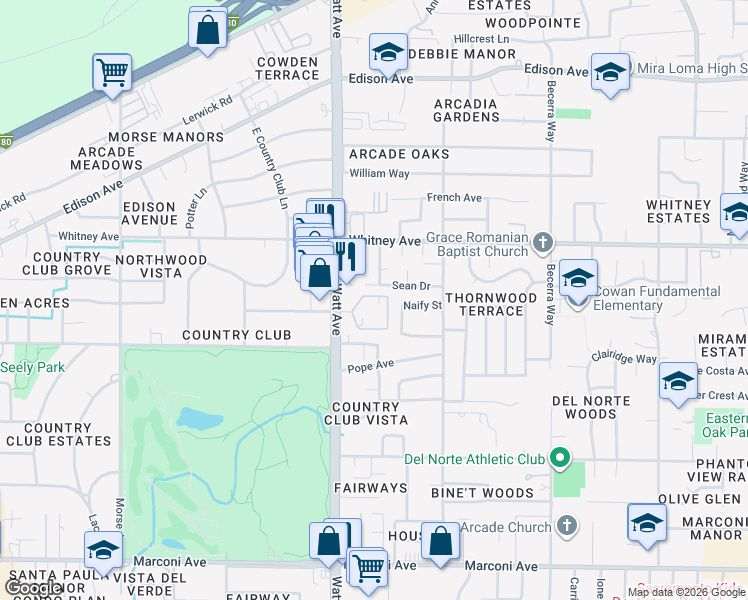 map of restaurants, bars, coffee shops, grocery stores, and more near 3512 Larchmont Square Lane in Sacramento