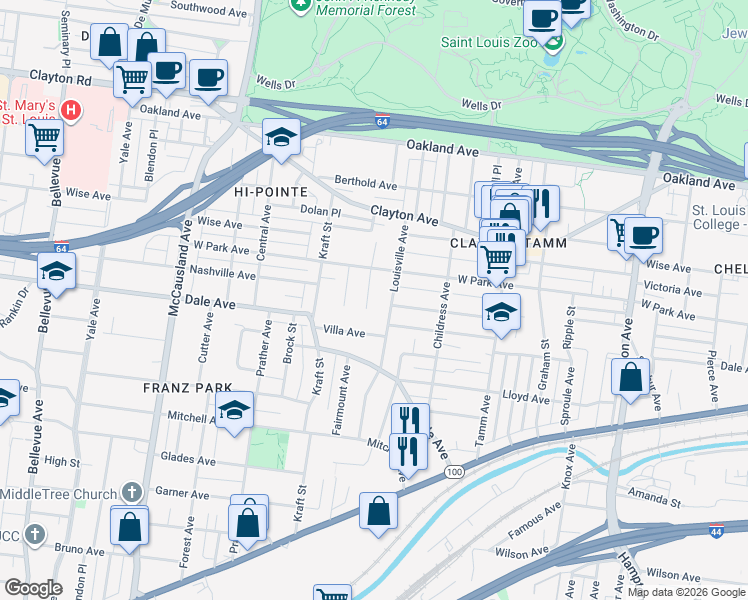 map of restaurants, bars, coffee shops, grocery stores, and more near 1342 San Jacinto Court in St. Louis