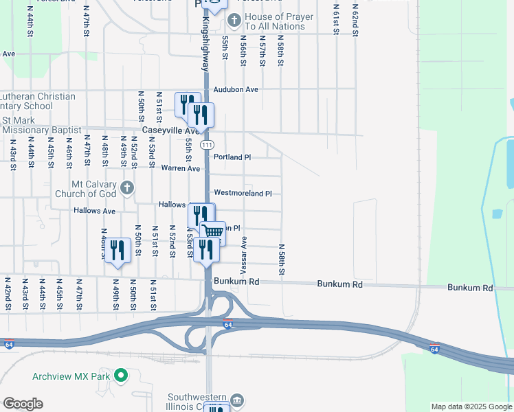 map of restaurants, bars, coffee shops, grocery stores, and more near 5713 Hallows Avenue in East St. Louis