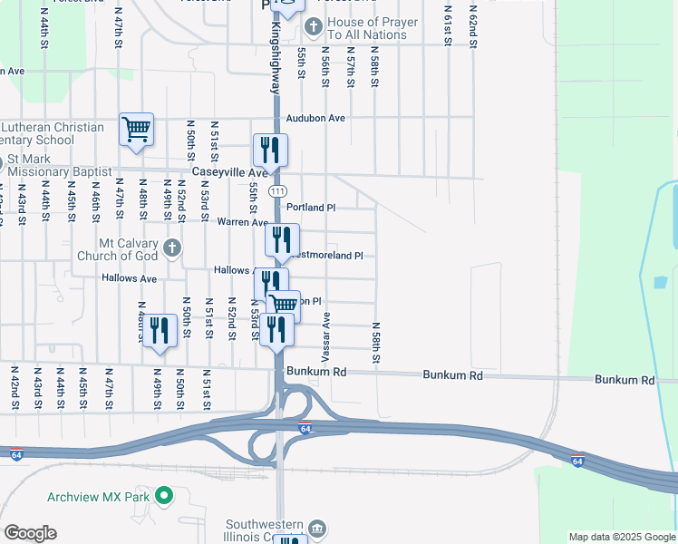 map of restaurants, bars, coffee shops, grocery stores, and more near 5713 Hallows Avenue in East St. Louis