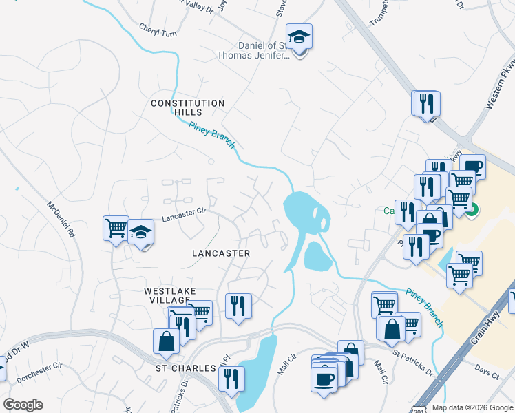map of restaurants, bars, coffee shops, grocery stores, and more near 4374 Eagle Court in Waldorf