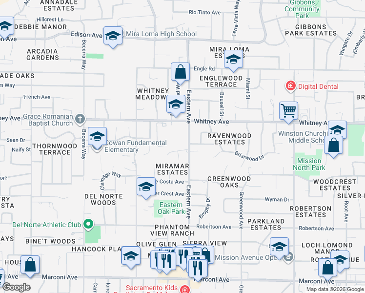 map of restaurants, bars, coffee shops, grocery stores, and more near 4248 Oterol Court in Sacramento