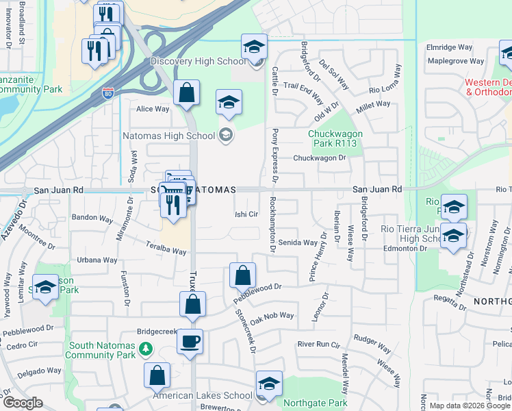 map of restaurants, bars, coffee shops, grocery stores, and more near 101 Ishi Circle in Sacramento