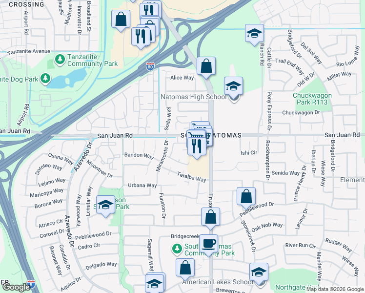map of restaurants, bars, coffee shops, grocery stores, and more near 550 Del Verde Circle in Sacramento