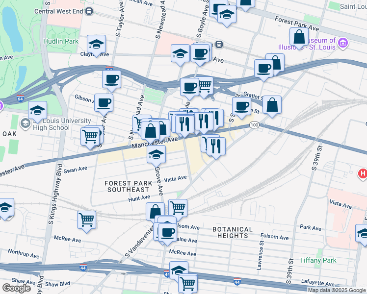 map of restaurants, bars, coffee shops, grocery stores, and more near 1200 South Boyle Avenue in St. Louis