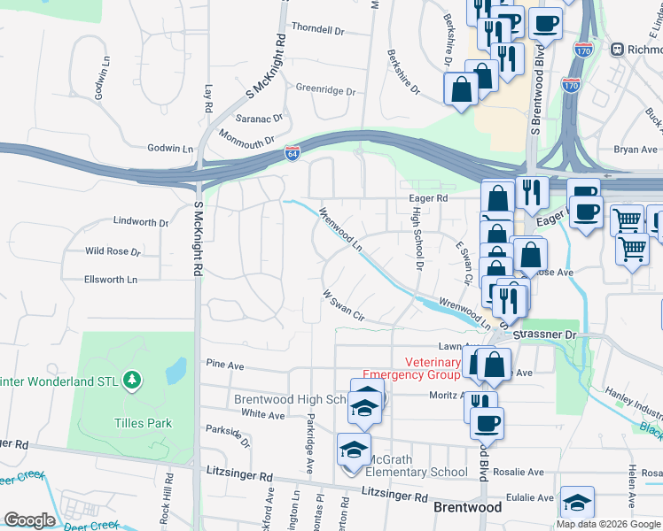 map of restaurants, bars, coffee shops, grocery stores, and more near 1719 Redbird Cove in St. Louis