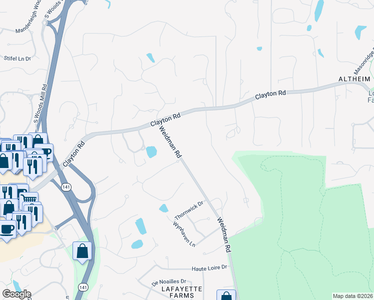 map of restaurants, bars, coffee shops, grocery stores, and more near 1136 Weidman Road in Chesterfield