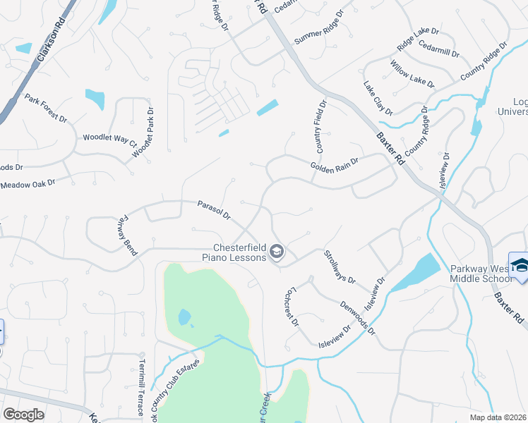 map of restaurants, bars, coffee shops, grocery stores, and more near 15380 Thistlebriar Court in Chesterfield