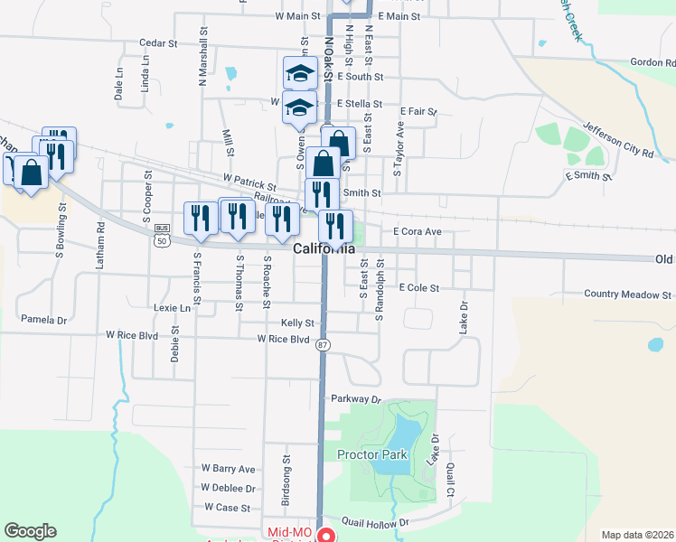 map of restaurants, bars, coffee shops, grocery stores, and more near 600-664 South Oak Street in California