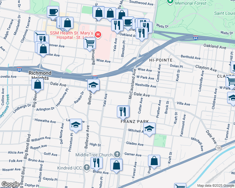 map of restaurants, bars, coffee shops, grocery stores, and more near 7046 Dale Avenue in St. Louis