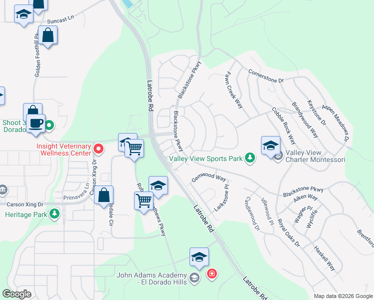 map of restaurants, bars, coffee shops, grocery stores, and more near 8653 Mahonia Drive in El Dorado Hills