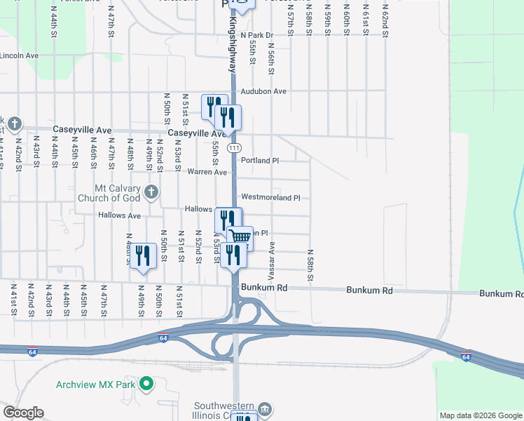 map of restaurants, bars, coffee shops, grocery stores, and more near 5627 Hallows Avenue in East St. Louis