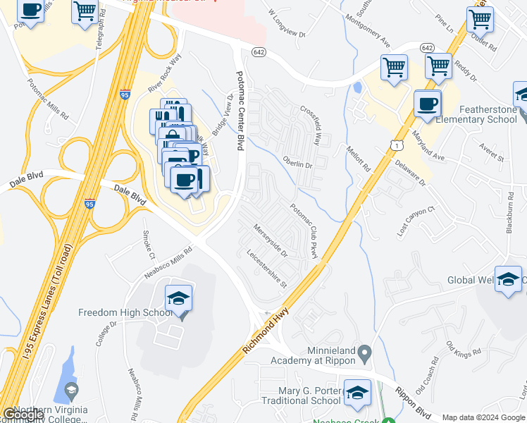 map of restaurants, bars, coffee shops, grocery stores, and more near 15206 Lancashire Drive in Woodbridge