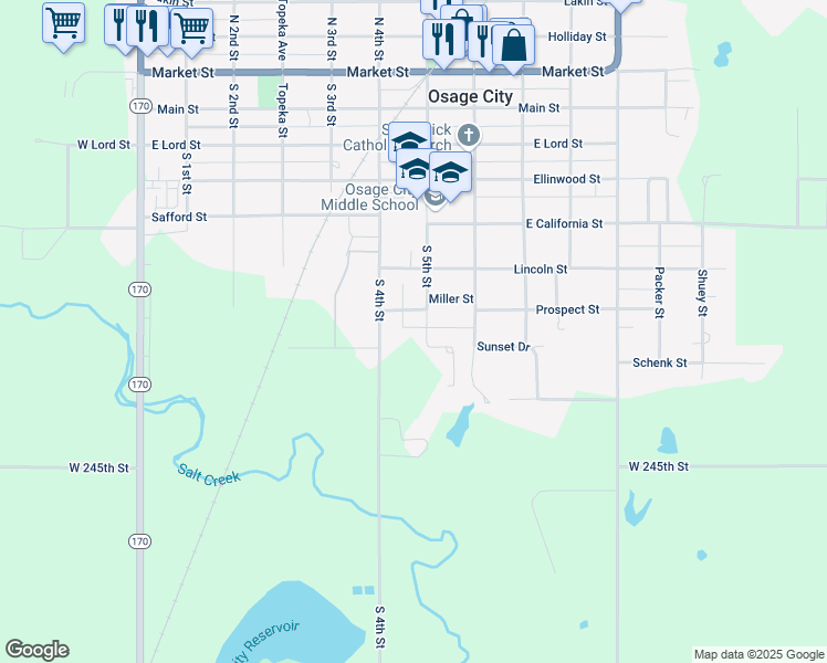 map of restaurants, bars, coffee shops, grocery stores, and more near 715 South 5th Street in Osage City